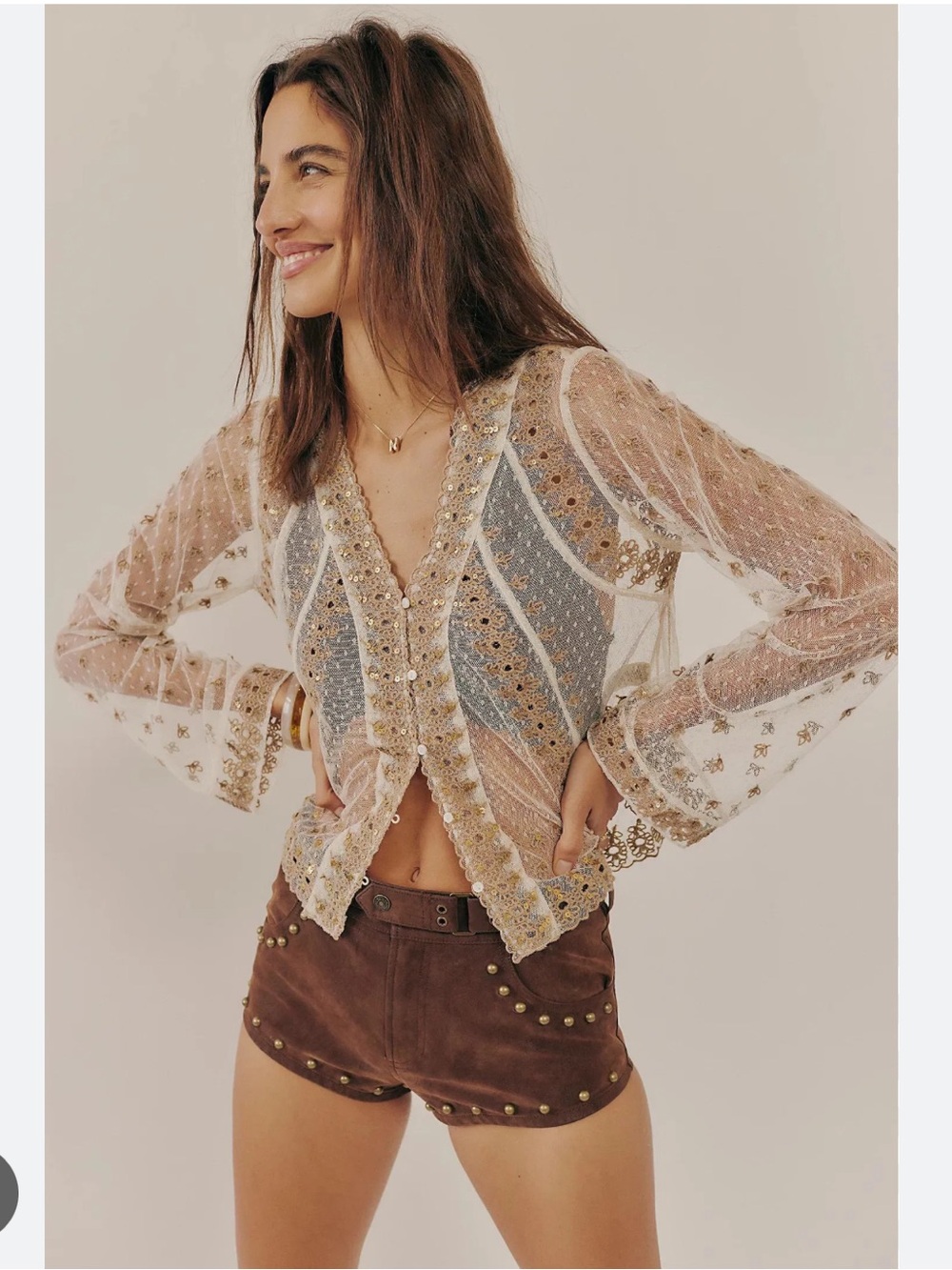 Free People Declan Sheer Dotted Embroidered Sequin Shirt L